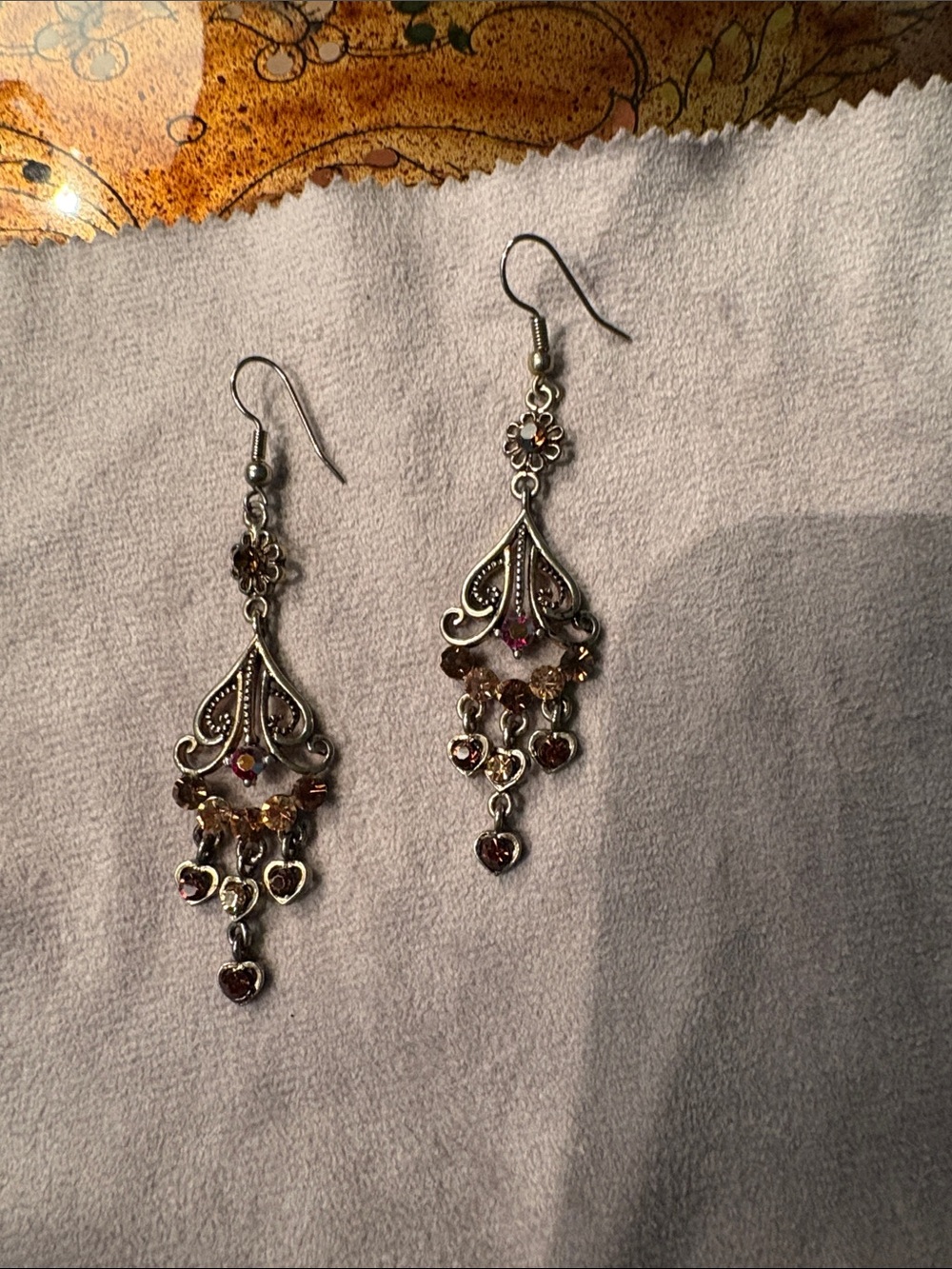 Silver Filigree Dangle Earrings with Pink and Amber Stones